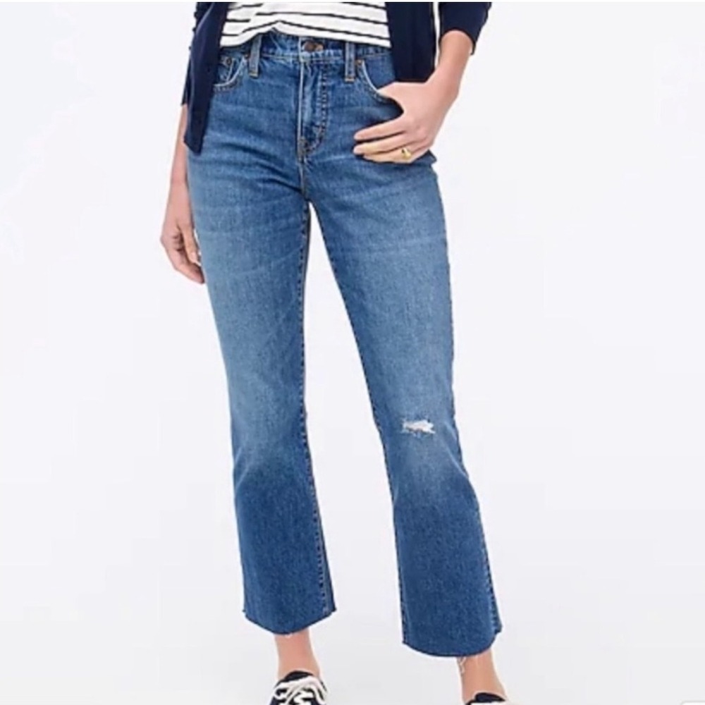 J. Crew Mid-Rise Flare Crop Jeans Distressed Raw Hem Denim‎ Blue 31 Boho Classic